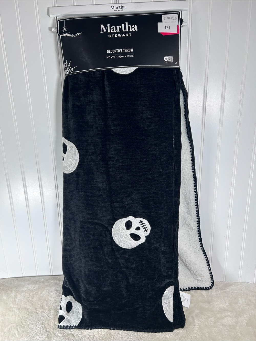 Martha Stewart Velvet Fleece Black Embroidered Skull Decorative Throw Blanket